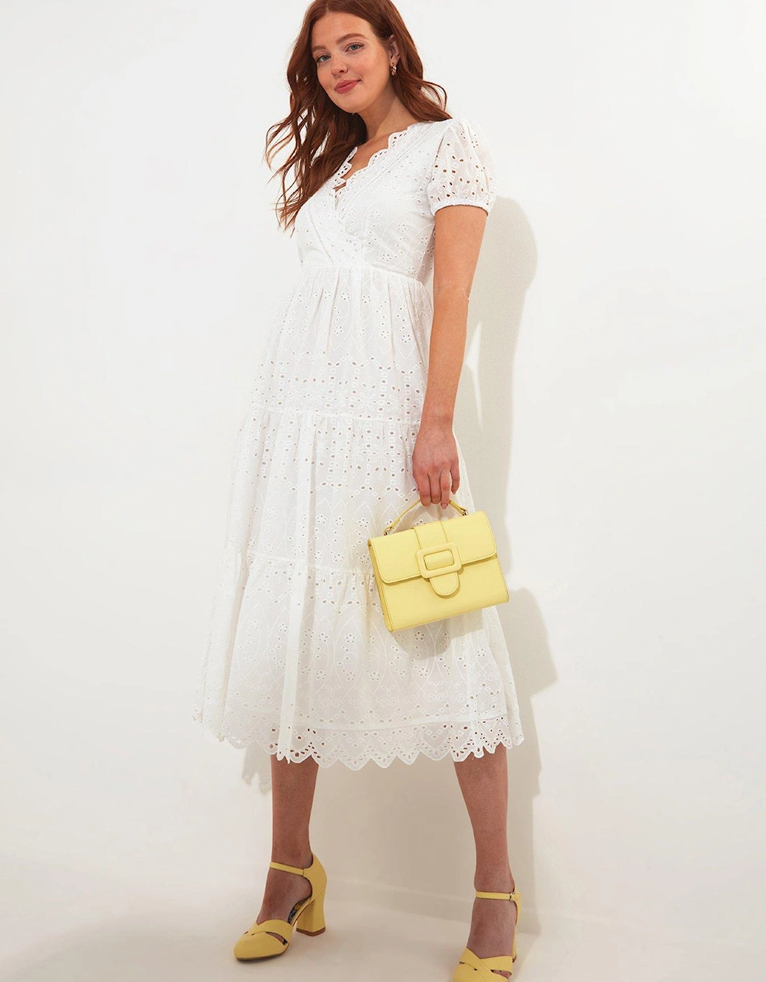 Short Sleeve Broderie Midi Dress - White