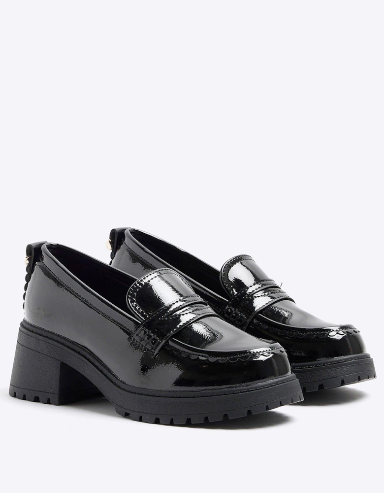 Older Girl Callop Trim Heeled Loafers - Black