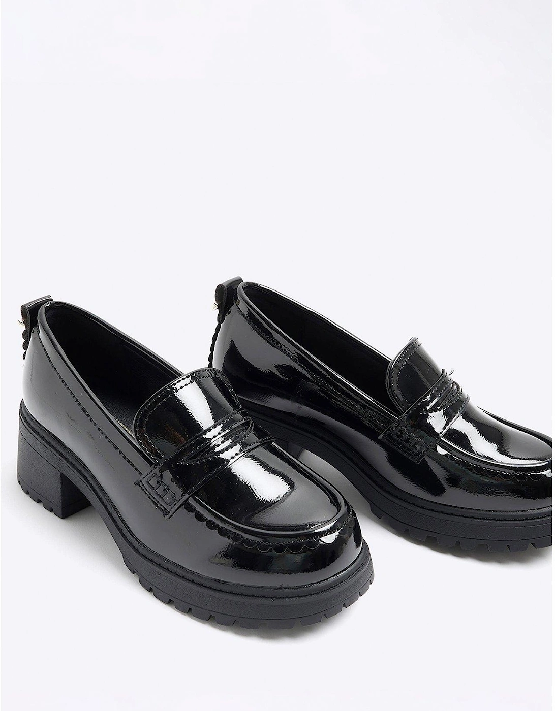 Older Girl Callop Trim Heeled Loafers - Black