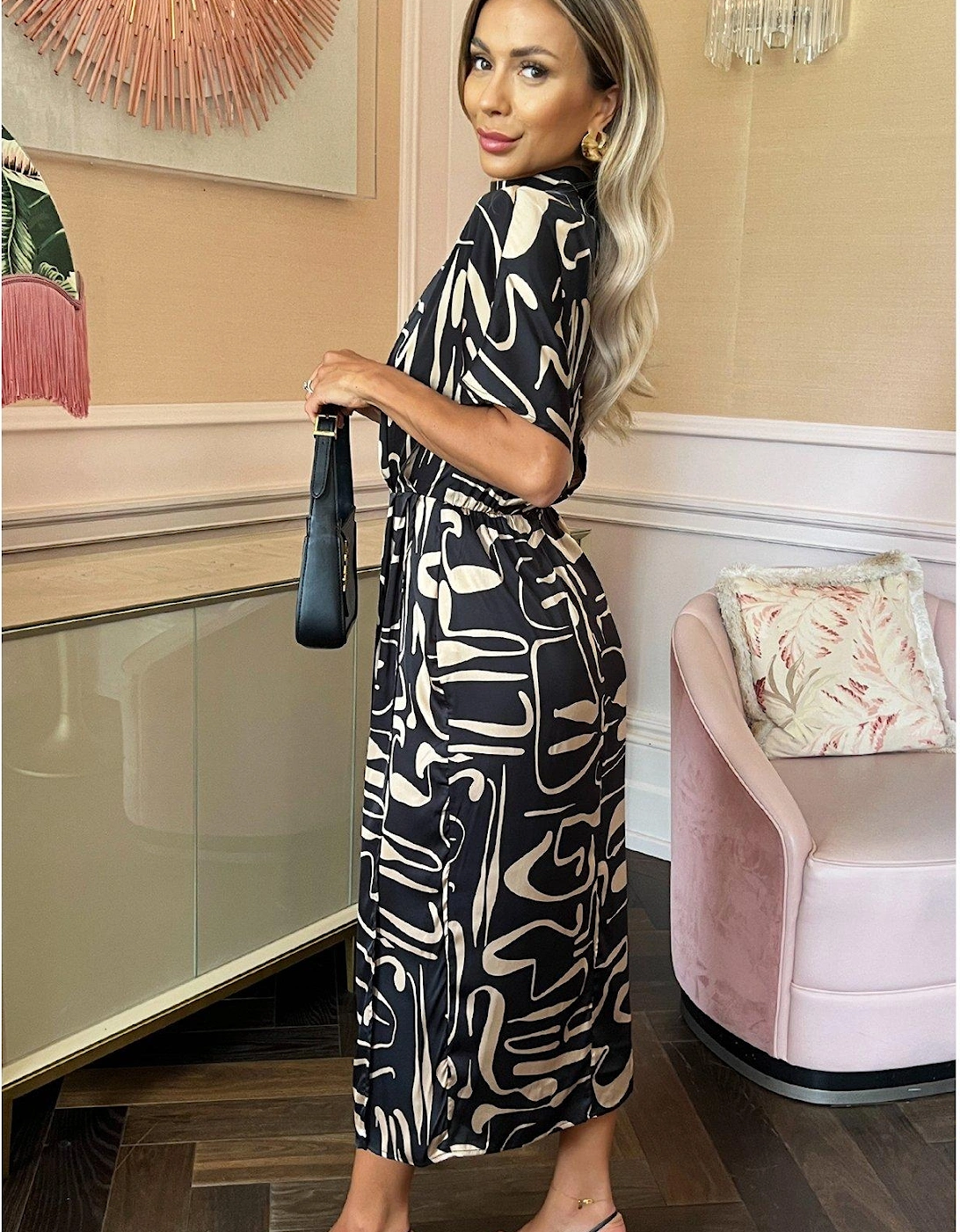 Geometric Pattern Wrap Skirt Midi Dress - Black