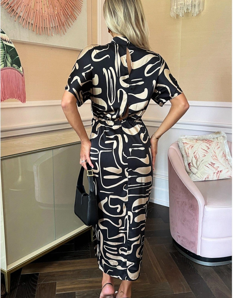 Geometric Pattern Wrap Skirt Midi Dress - Black