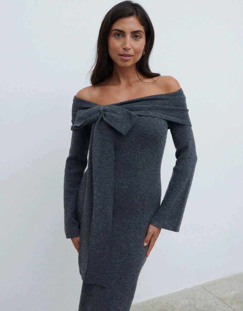 Tilda Bardot Bow Midaxi Knit Dress - Charcoal - Grey