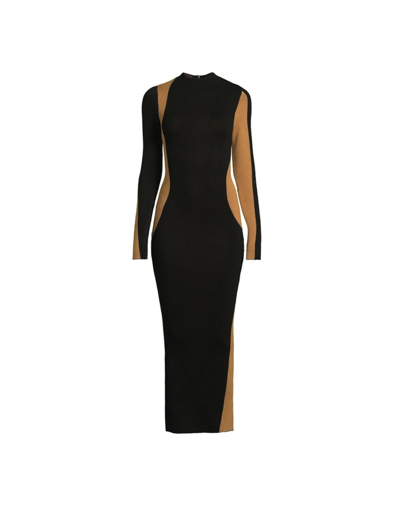 Colour Blocked Wave Knitted Midaxi Dress - Black 