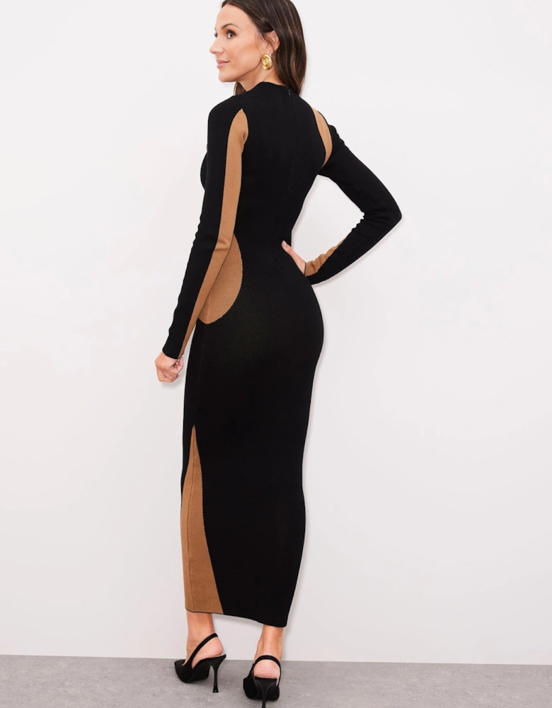 Colour Blocked Wave Knitted Midaxi Dress - Black 