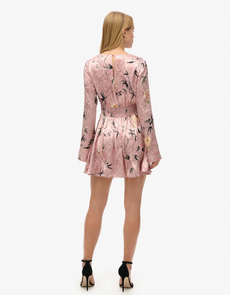 Flare Sleeve Jacquard Mini Dress - Pink