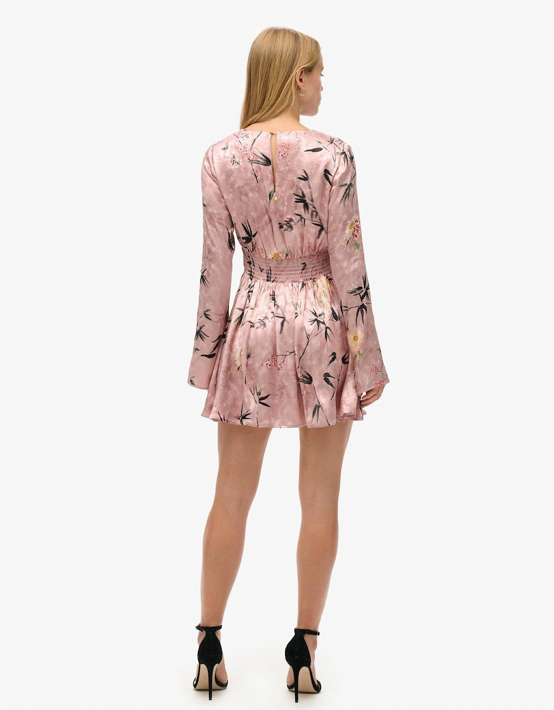 Flare Sleeve Jacquard Mini Dress - Pink