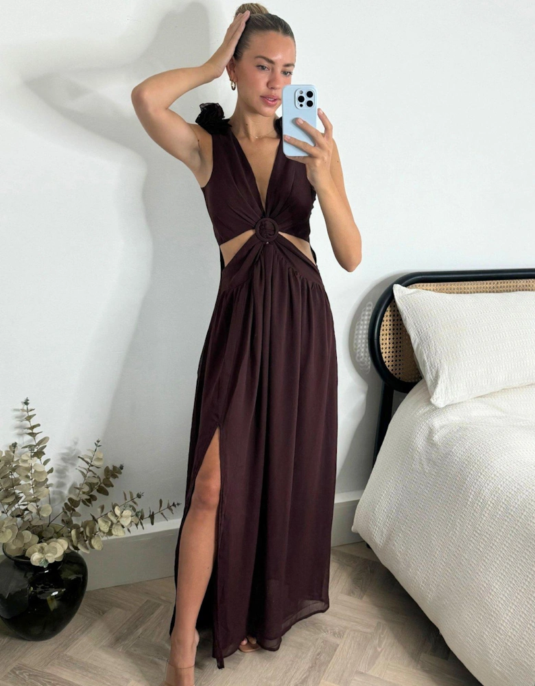 Cut Out Ruffle Shoulder Maxi Dress - Brown