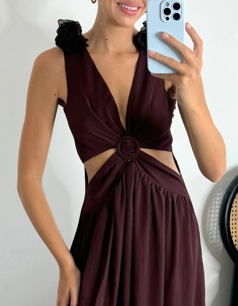 Cut Out Ruffle Shoulder Maxi Dress - Brown