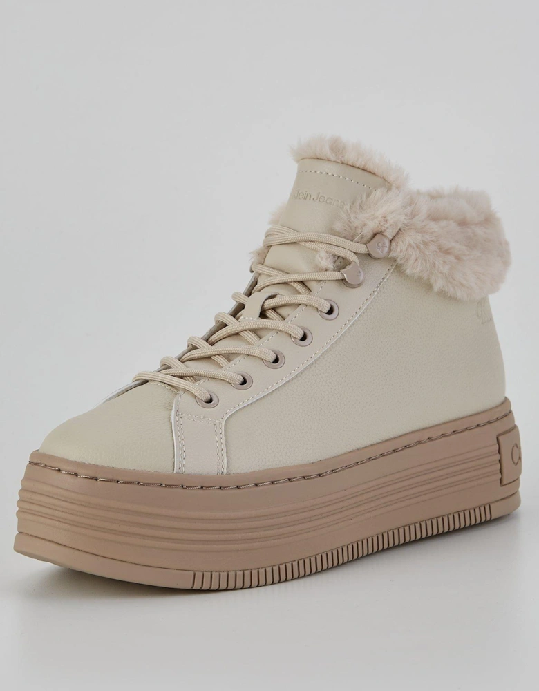 Fleece Lined Flatform Hi-Top Trainers - Cream