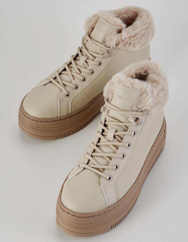 Fleece Lined Flatform Hi-Top Trainers - Cream