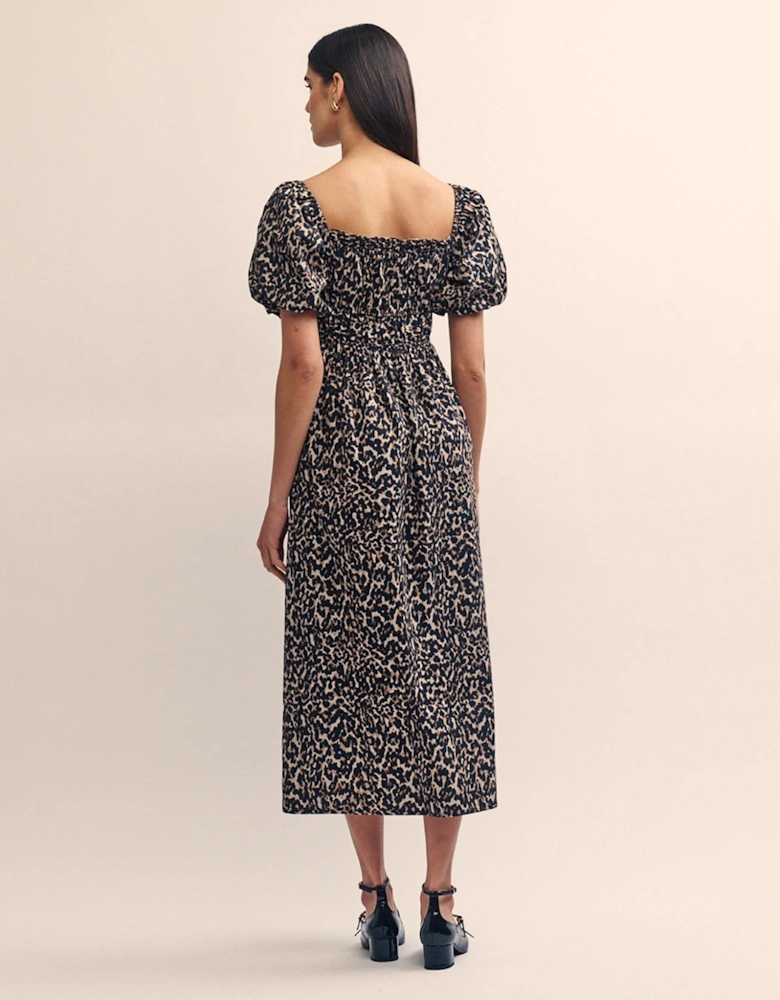 Leopard Print Puff Sleeve Midi Dress - Multi