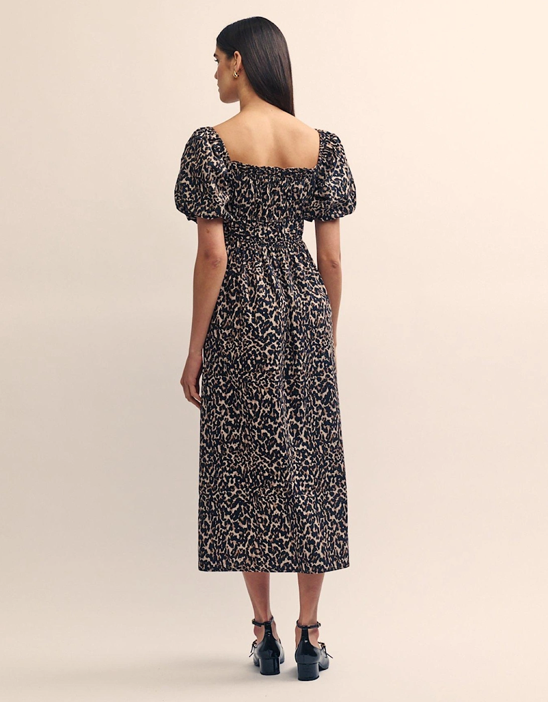 Leopard Print Puff Sleeve Midi Dress - Multi