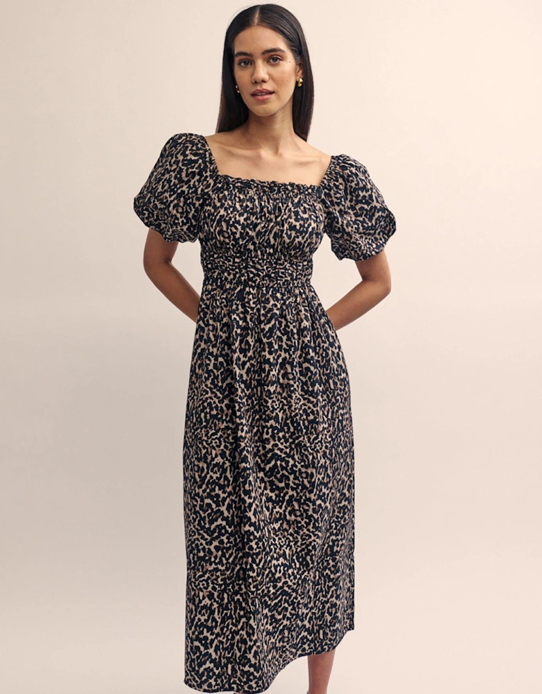 Leopard Print Puff Sleeve Midi Dress - Multi