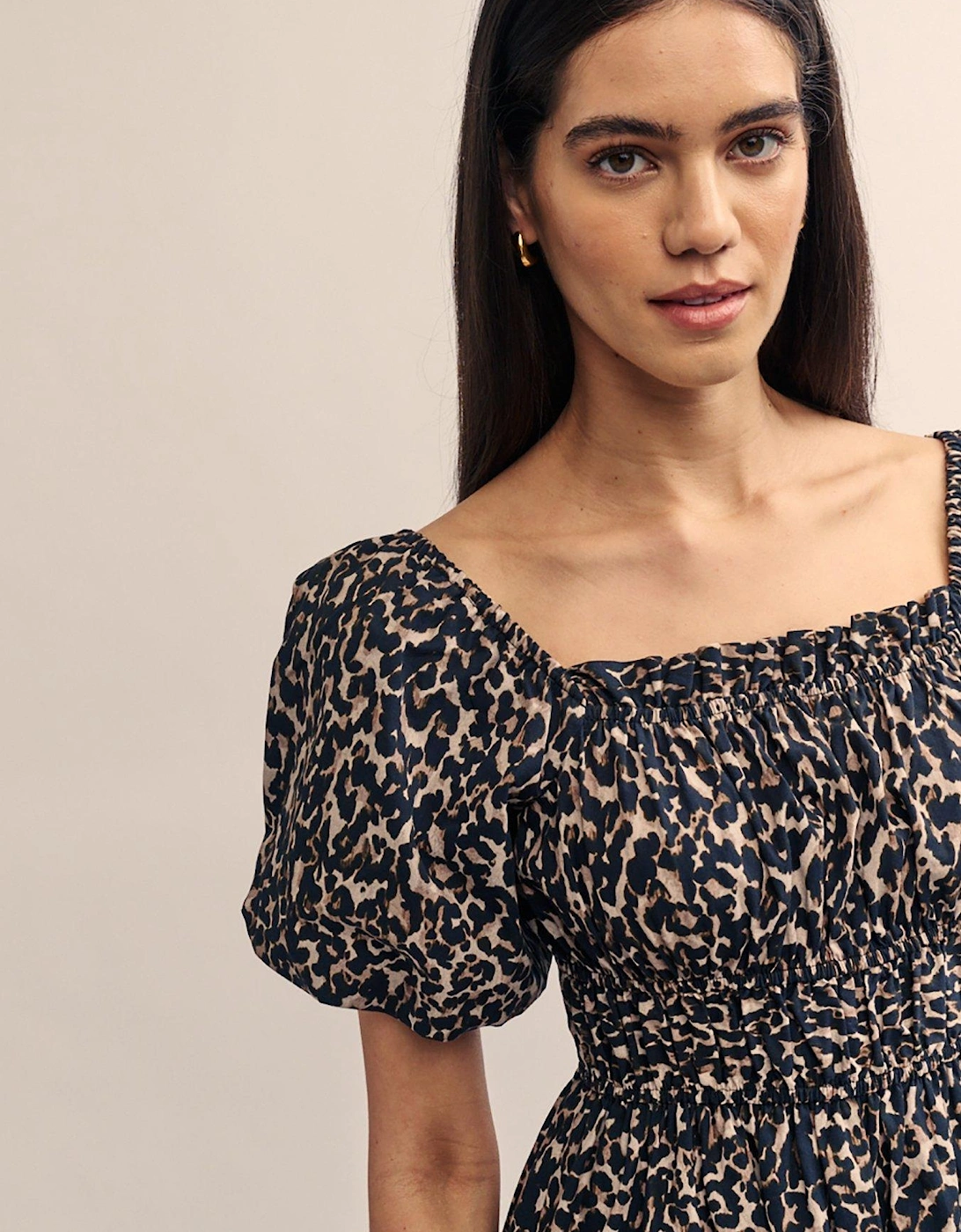 Leopard Print Puff Sleeve Midi Dress - Multi