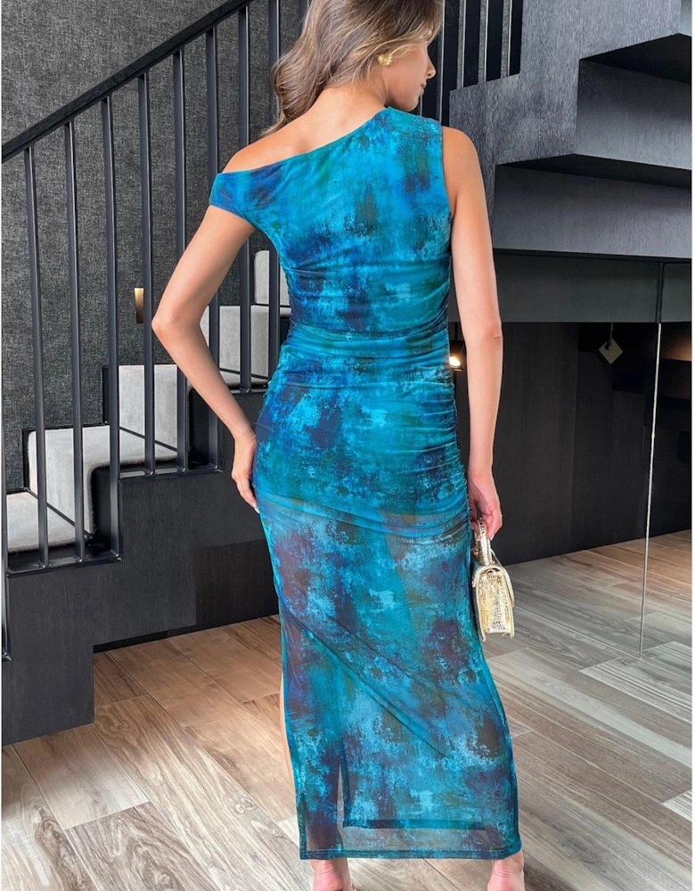 Green And Blue Printed Mesh Bodycon Midi Dress - Multi