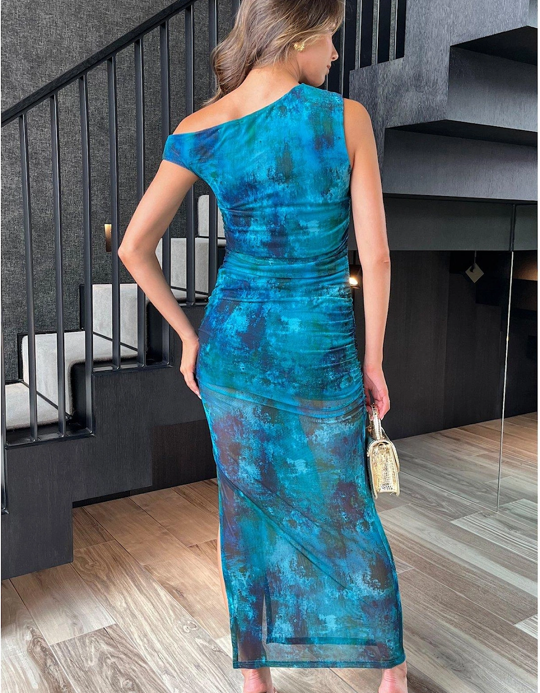 Green And Blue Printed Mesh Bodycon Midi Dress - Multi