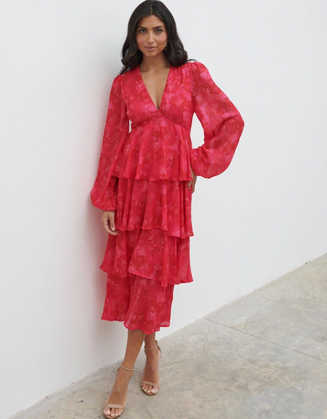 Ashton Ruffle Midi Dress - & Red - Pink