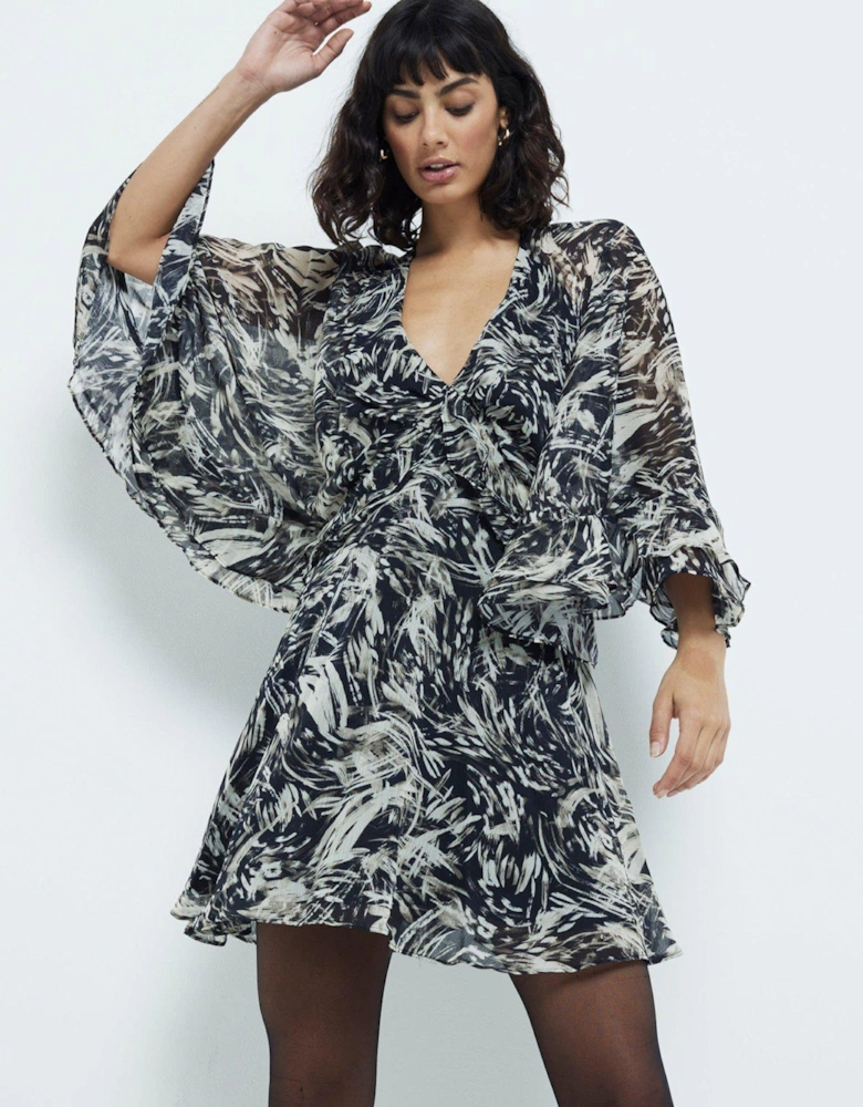 Chiffon Printed Cape Mini Dress - Dark Brown