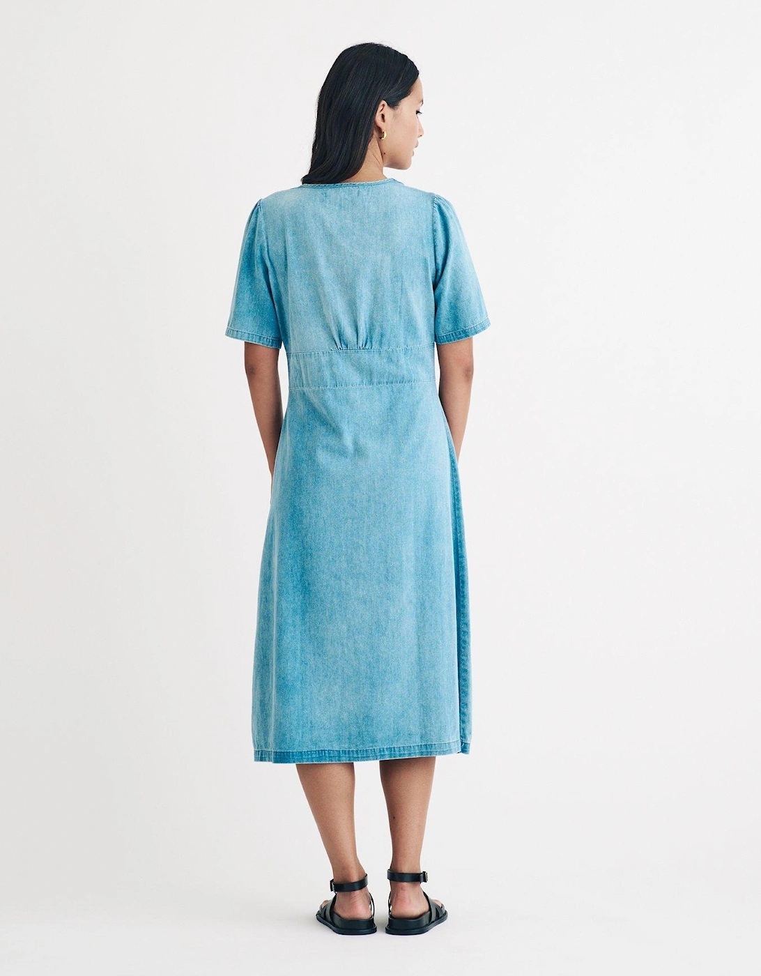 Button Down Puff Sleeve Midi Dress - Blue