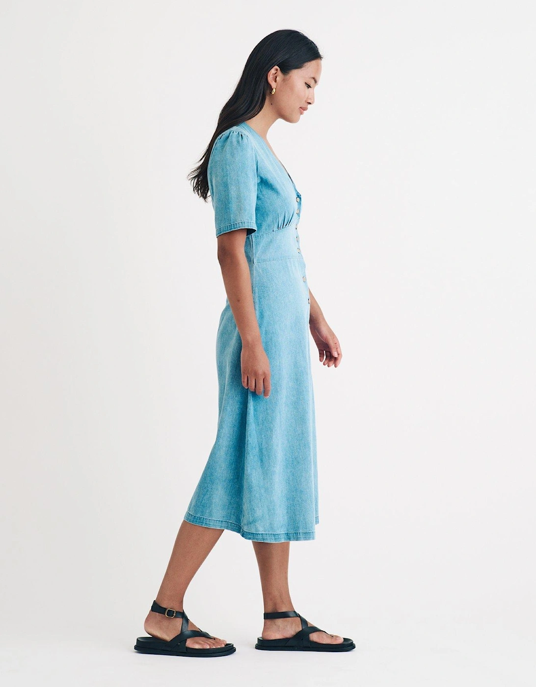 Button Down Puff Sleeve Midi Dress - Blue