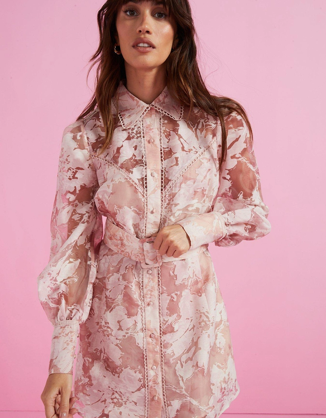 Western Floral Print Shirt Dress - Pink