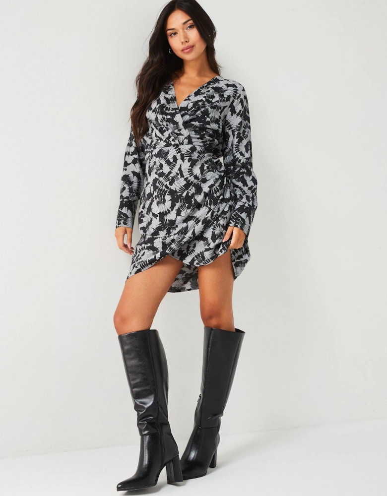 Printed Mini Wrap Dress - Grey