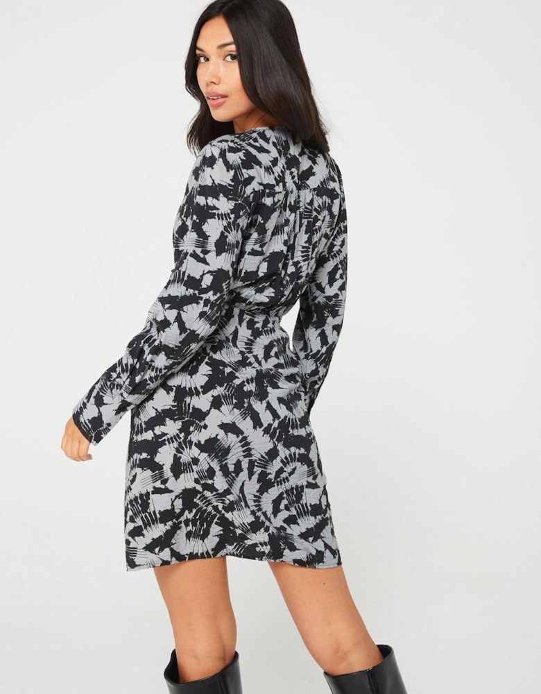 Printed Mini Wrap Dress - Grey