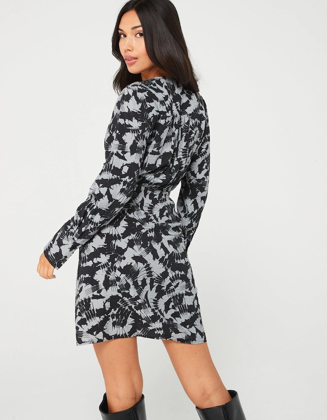 Printed Mini Wrap Dress - Grey