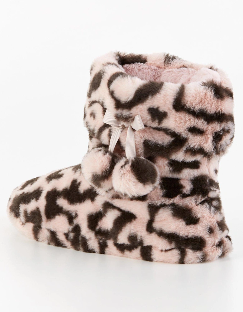 Leopard Slipper Boot With Poms - Pink/Black