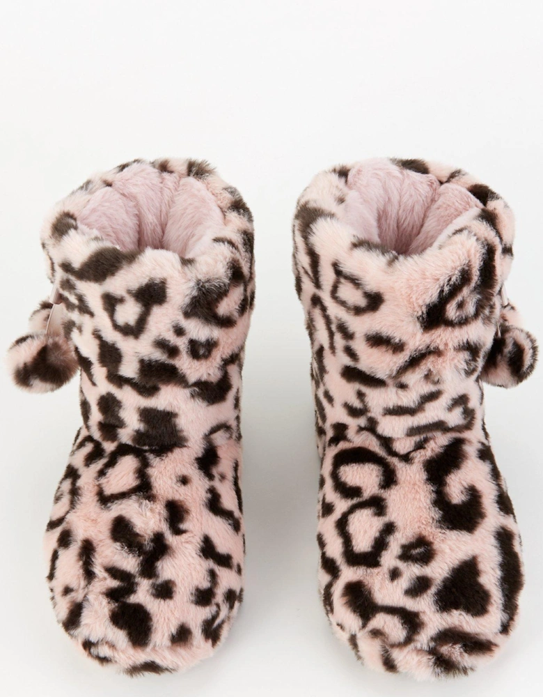 Leopard Slipper Boot With Poms - Pink/Black