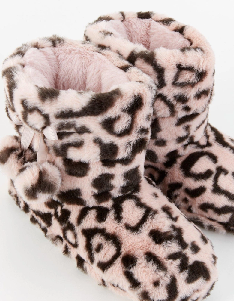 Leopard Slipper Boot With Poms - Pink/Black