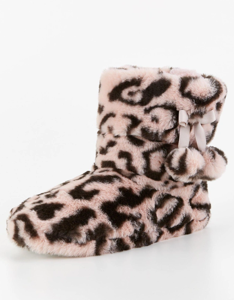 Leopard Slipper Boot With Poms - Pink/Black