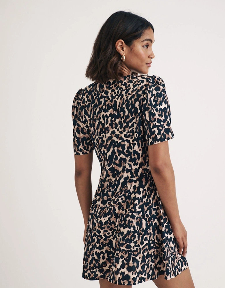 V Neck Short Sleeve Leopard Print Mini Dress - Multi