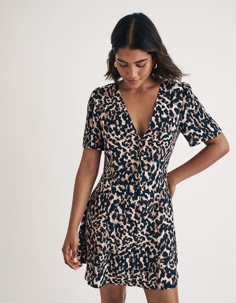 V Neck Short Sleeve Leopard Print Mini Dress - Multi