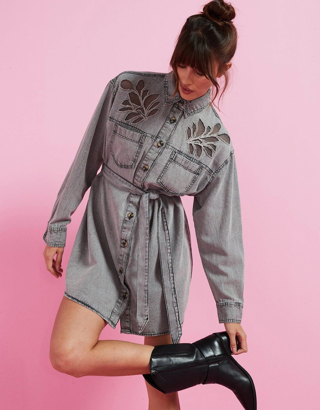 Denim Shirt Dress - Grey