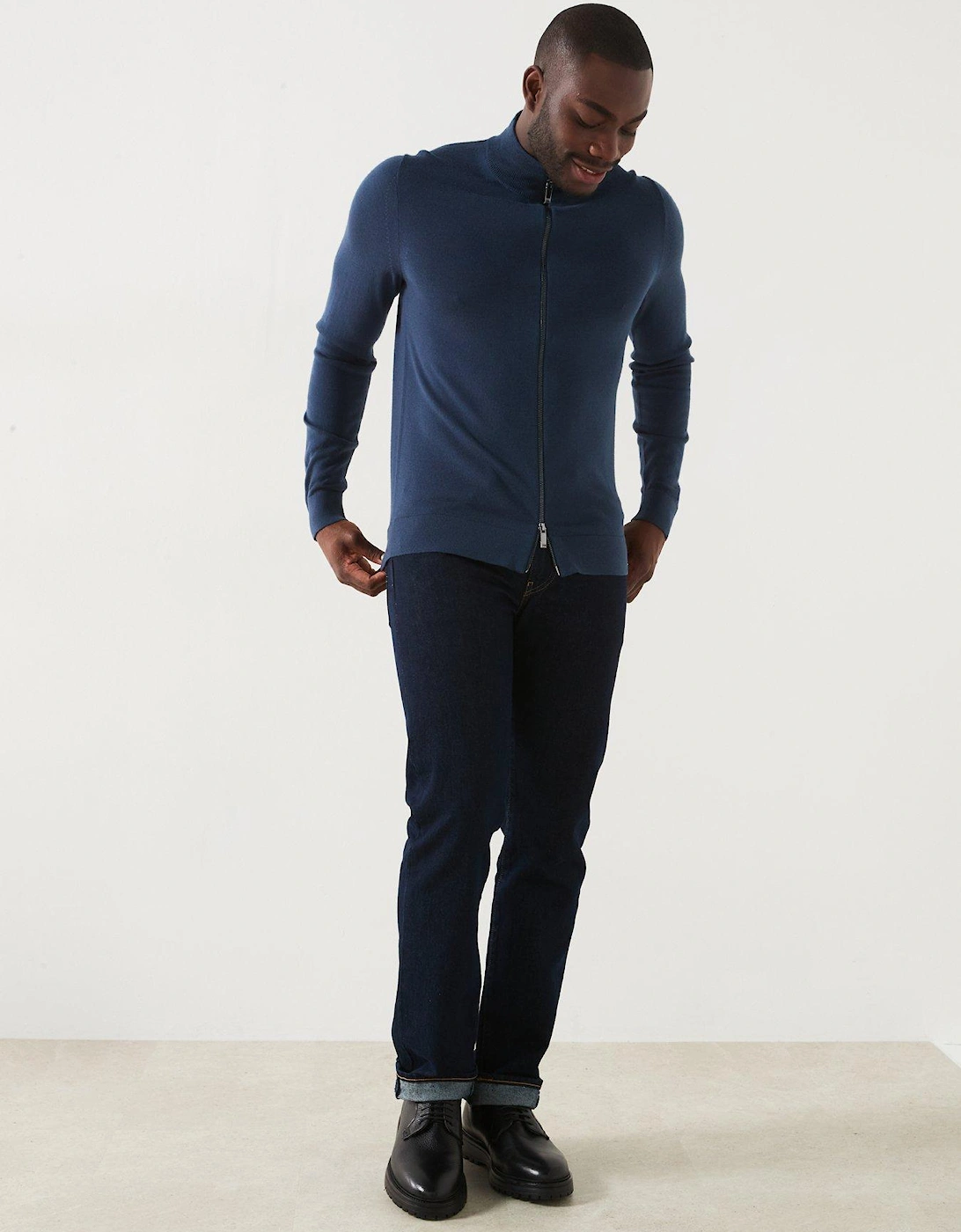 Wool Zip Through Knitted Jumper - Dark Blue