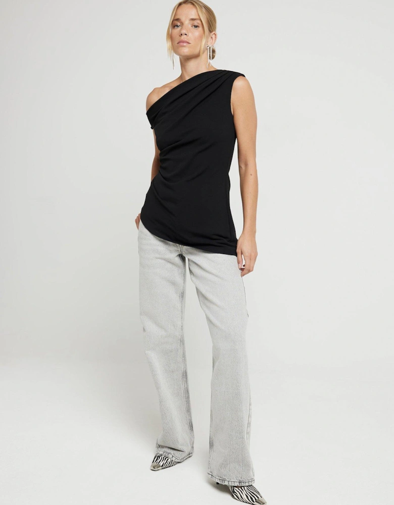 Asymmetric Twist Drape Top - Black