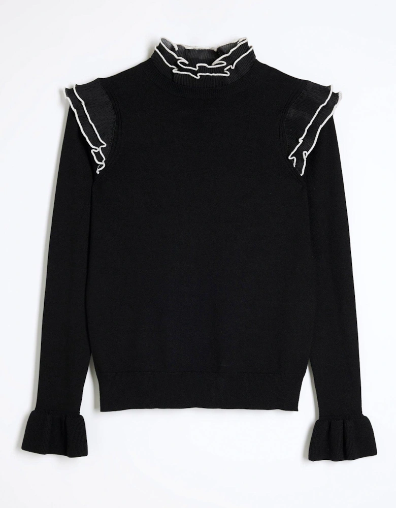 Long Sleeve Frill Sleeve Hybrid Jumper - Black