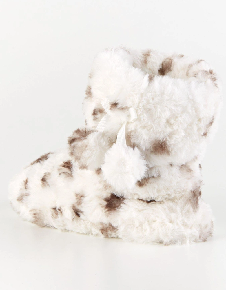 Leopard Slipper Boot With Poms - Grey