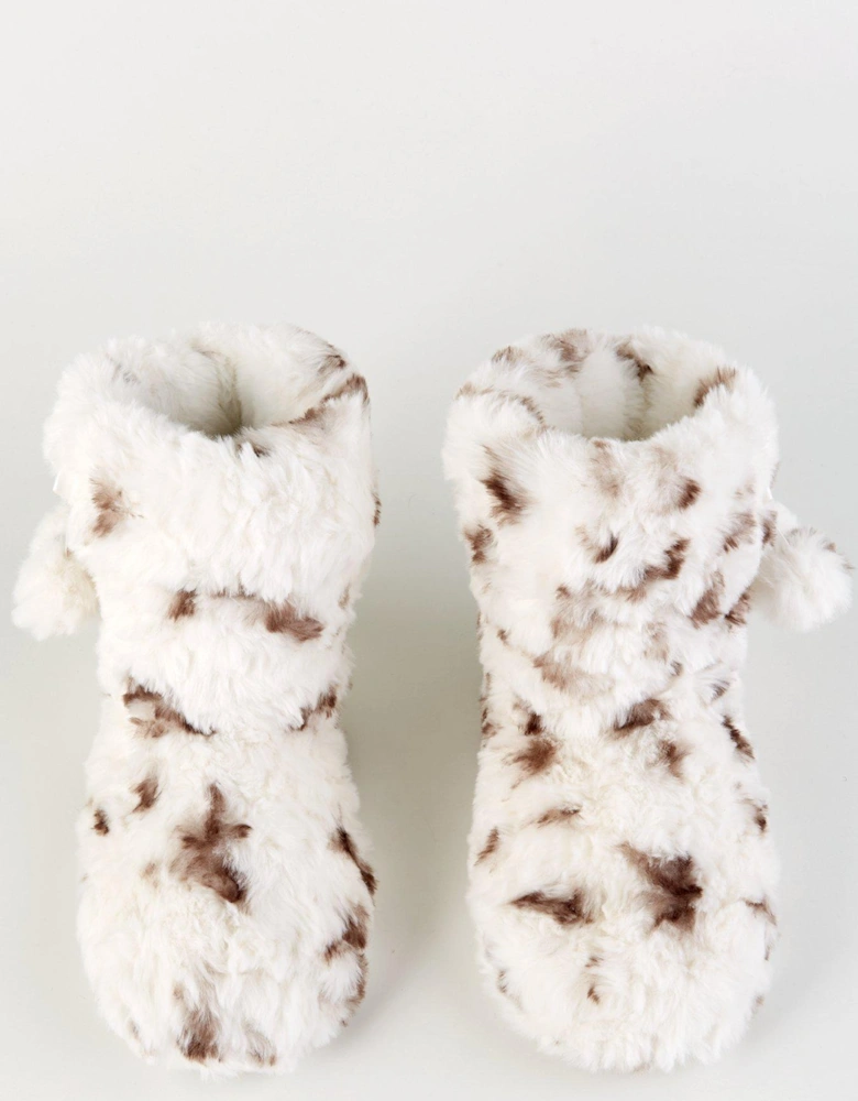 Leopard Slipper Boot With Poms - Grey