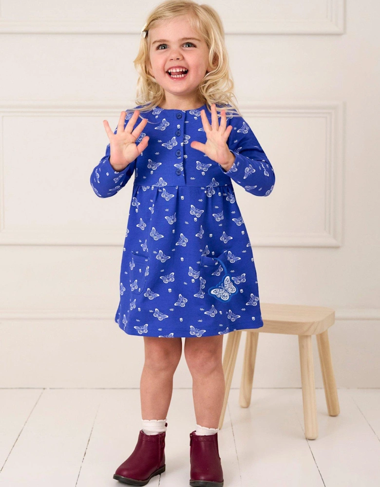 Girls Butterfly Print Button Front Dress - Blue