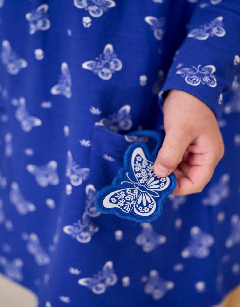 Girls Butterfly Print Button Front Dress - Blue