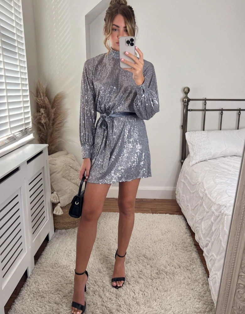 Sequin High Neck Mini Dress - Silver