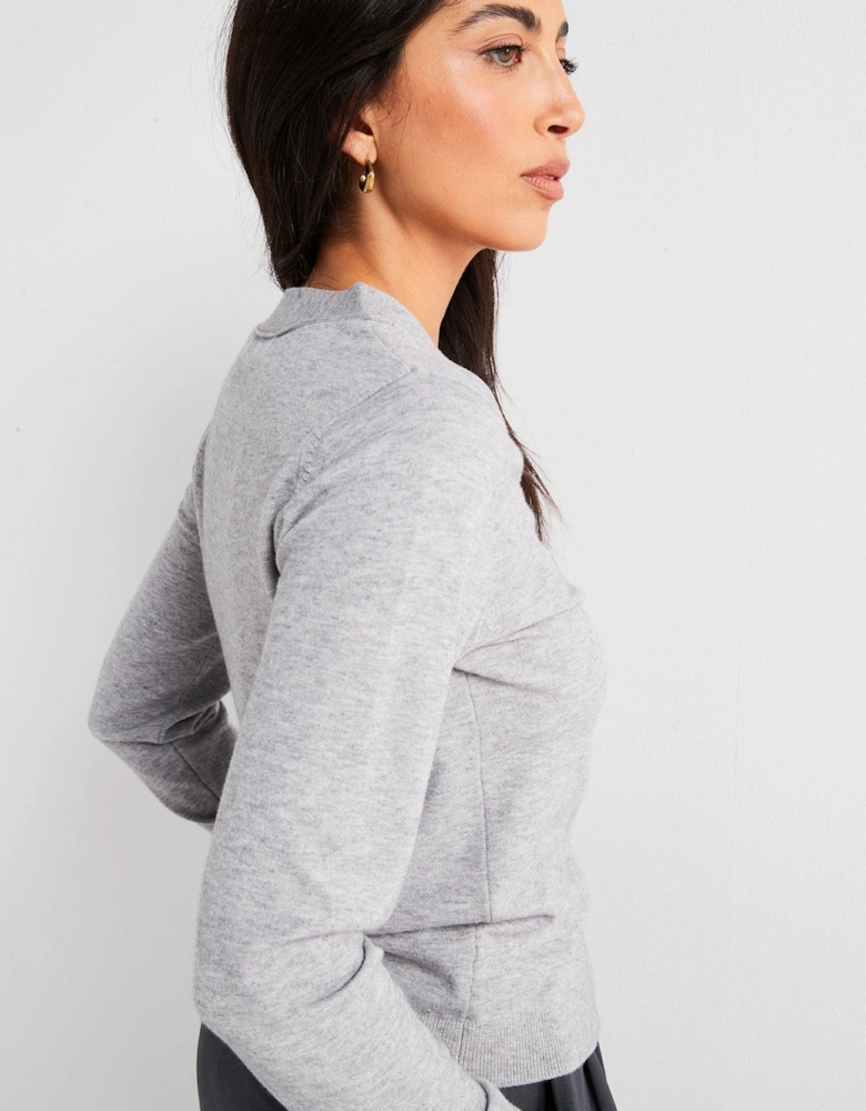 V Neck Midi Length Cardigan - Grey