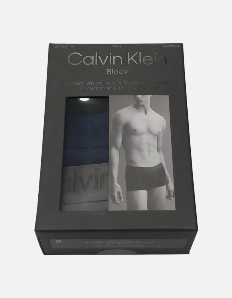 3-Pack CK Black Low-Rise Boxer Trunks, Black/Grey/Navy