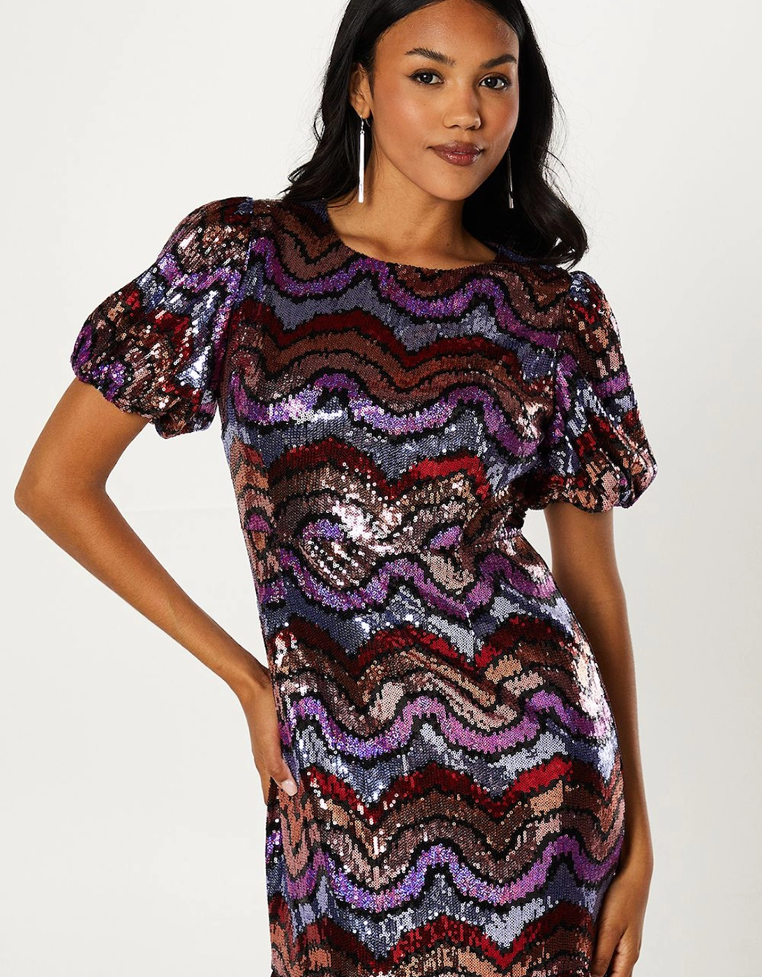 Party Rainbow Sequin Midi Dress With Puff Sleeve