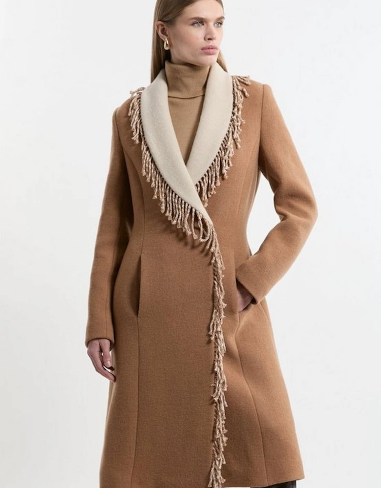 Premium Italian Manteco Wool Blend Fringe Collar Tailored Maxi Coat