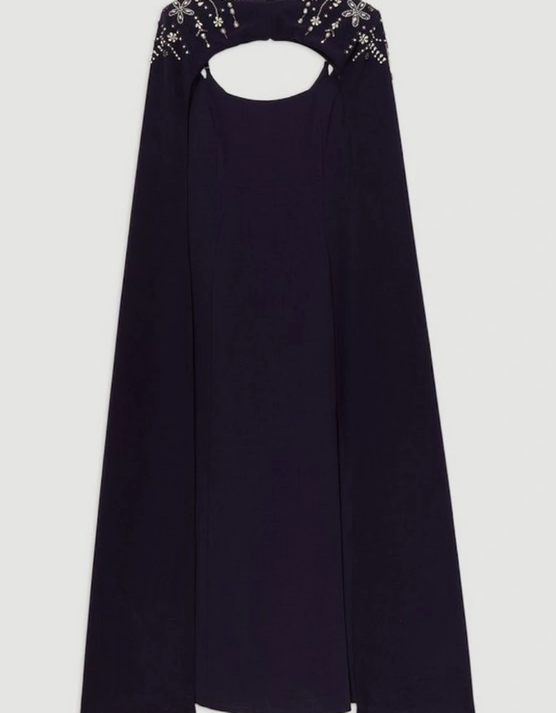 Crystal Embellished Viscose Crepe Maxi Dress With Detachable Cape