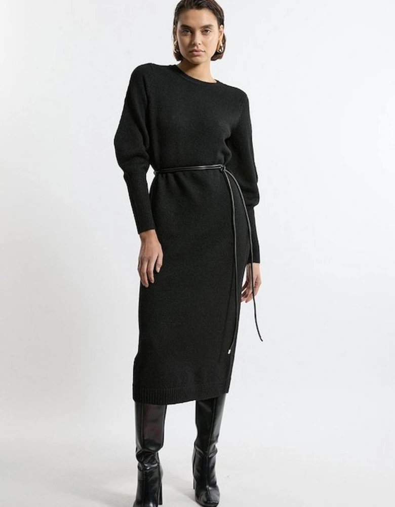 Wool Blend Cosy Knit Belted Long Sleeve Midi Dress