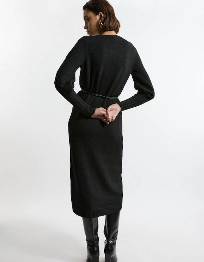 Wool Blend Cosy Knit Belted Long Sleeve Midi Dress